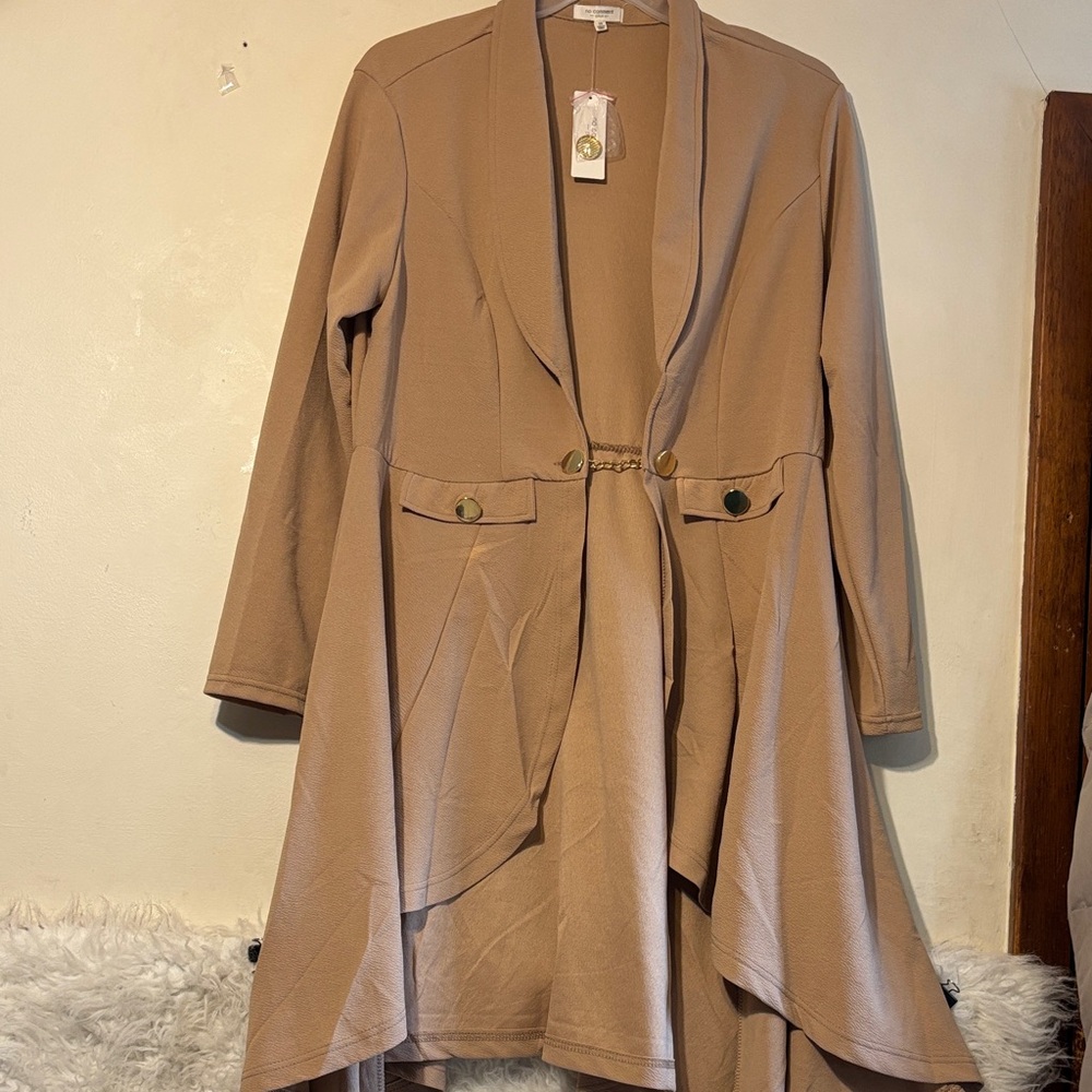 Taupe Flowing Open Front Cardigan with Chain Accent